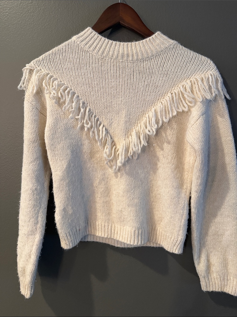 Mango - Fringed Crew Neck Cream Sweater